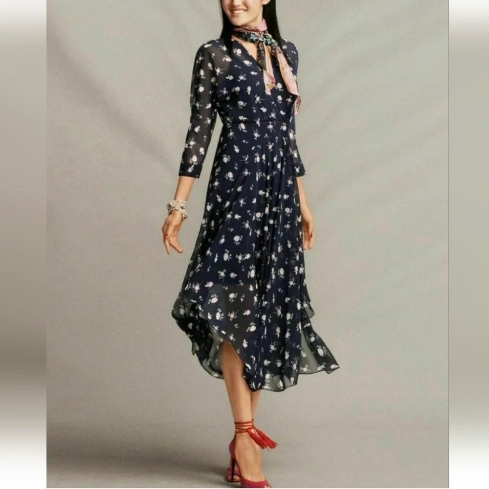 New CAbi Midnight Blue Sheer Pemberley Print Floral Dream Dress Size‎ 6